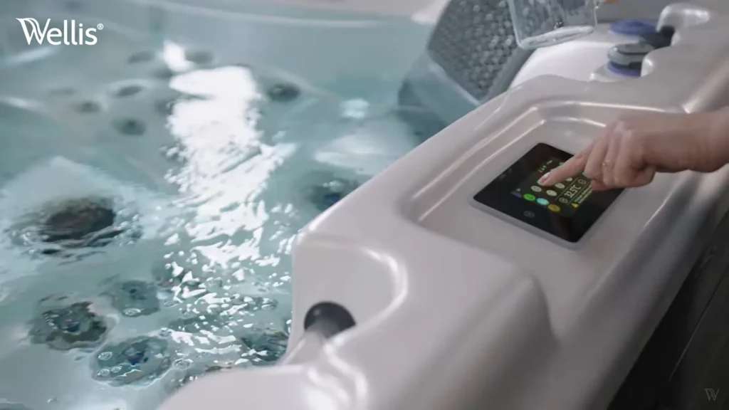 The Electrical Requirements for Hot Tubs 1 Person using the control panel on a hot tub for the blog about electrical requirements for hot tubs.